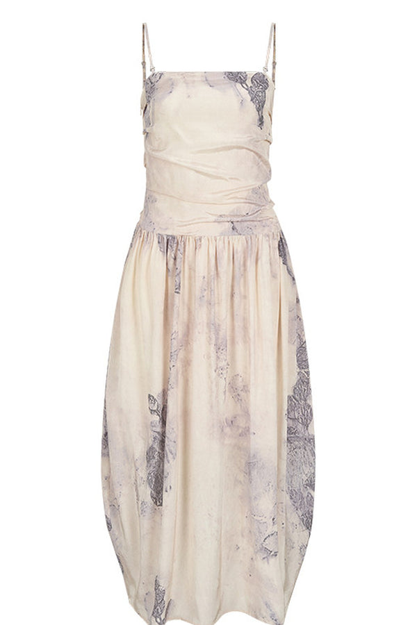 Ink Wash Plant Print Ribbon Dress