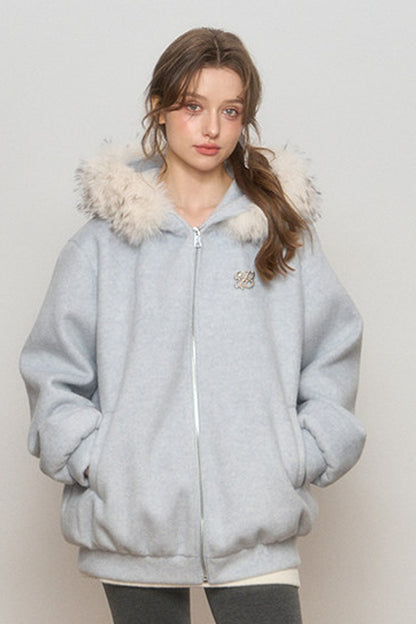 Hooded Fur Collar Woolen Jacket