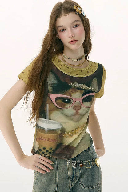 Retro Distressed Cat Print T-Shirt