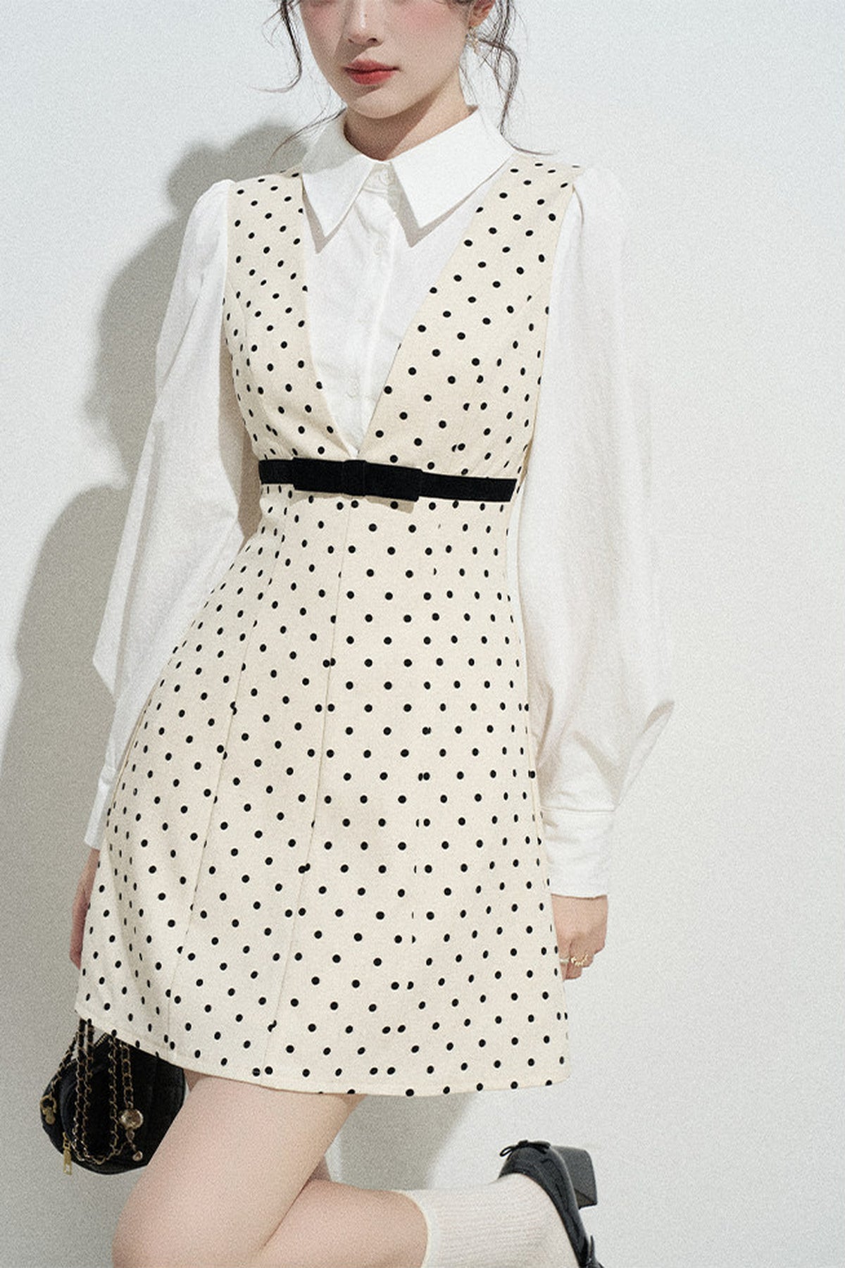 Polka Dot Shirt Collar A-Line Dress
