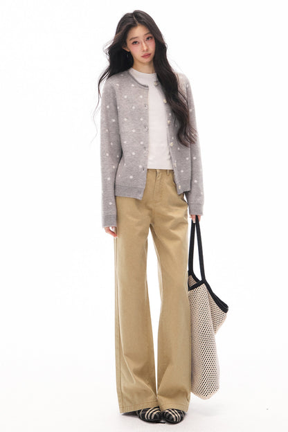 Gray Cardigan and Khaki Flared Jeans Set-Up