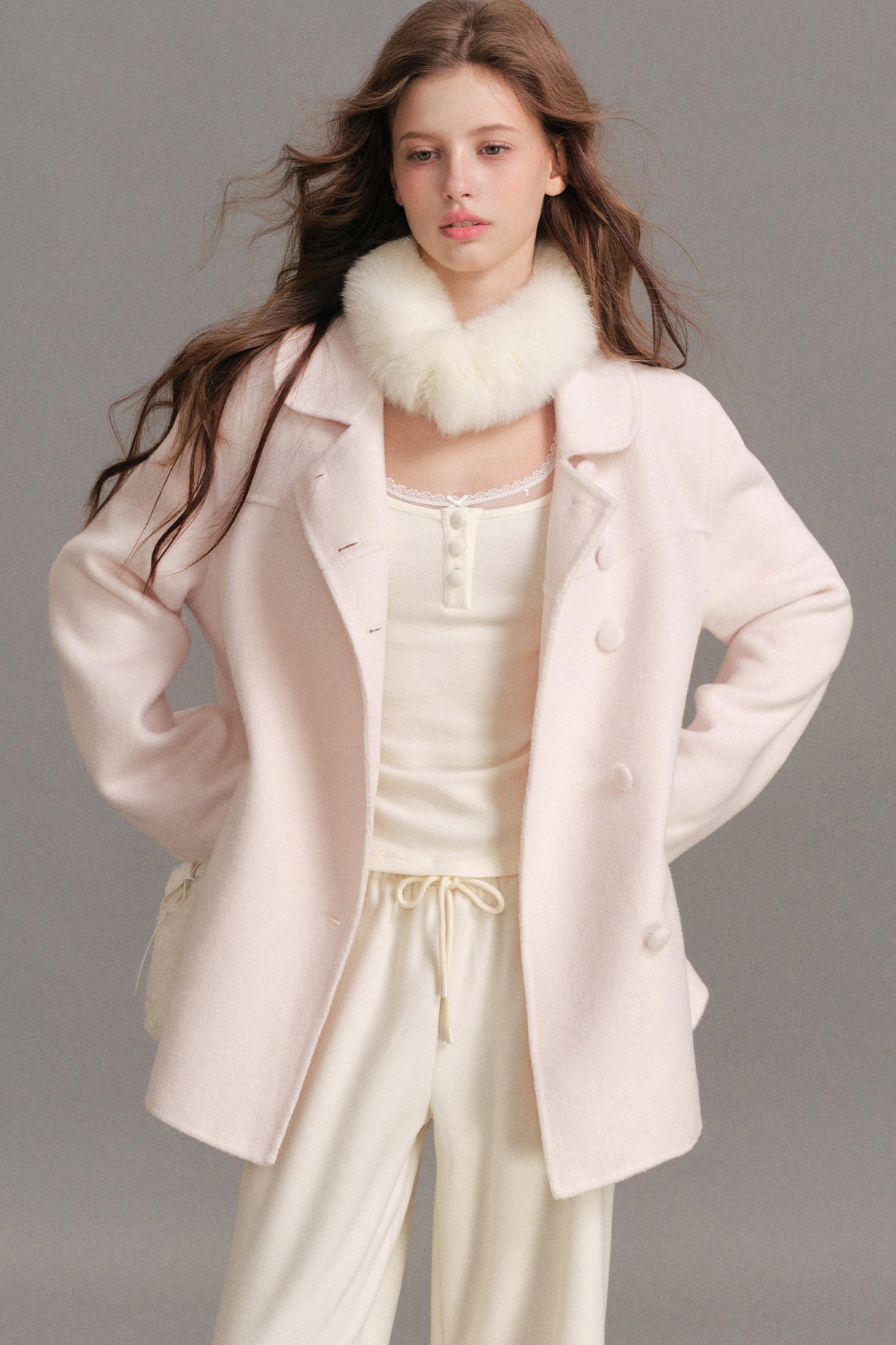 Handmade Double-Sided Woolen Doll Collar Mid-Length Coat