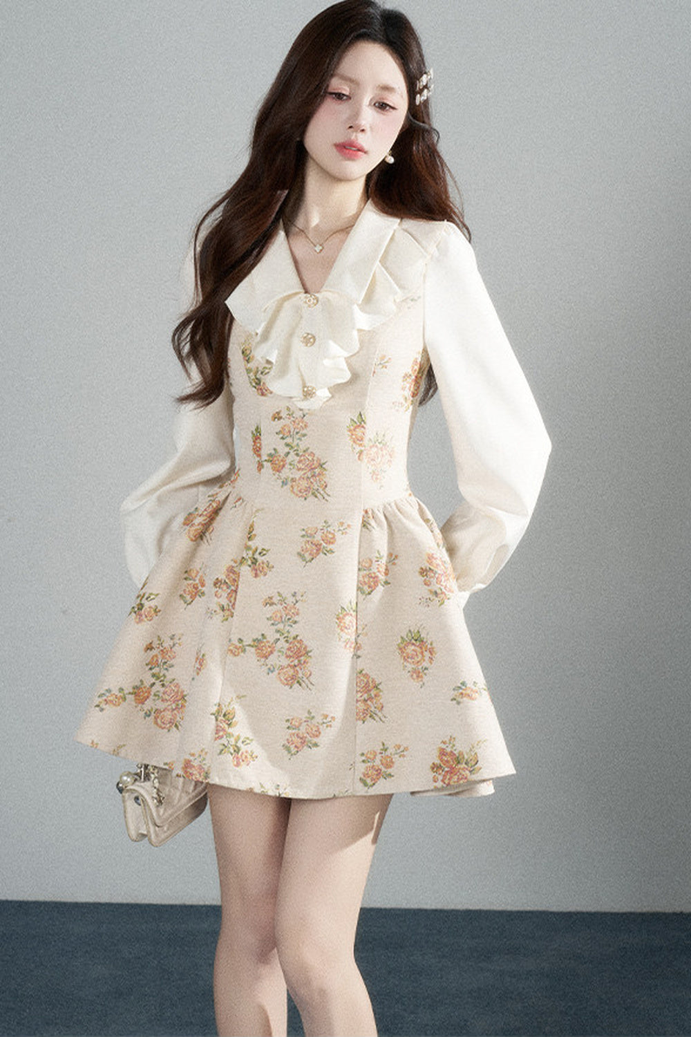Floral Lantern Sleeve Ruffle Collar Dress