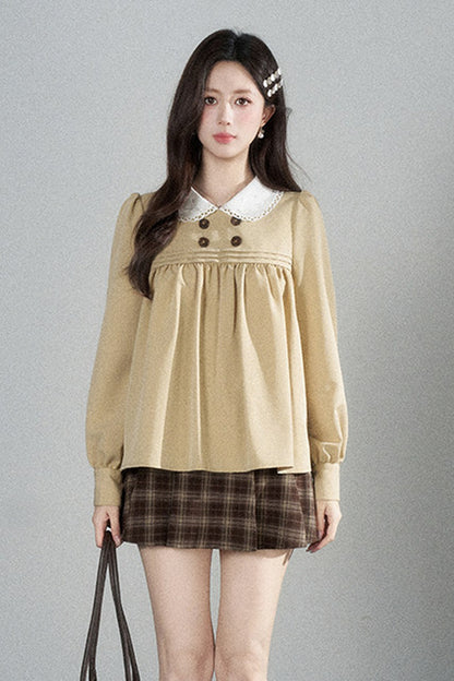 Khaki Doll Collar Pullover Shirt and Skirt Set-Up