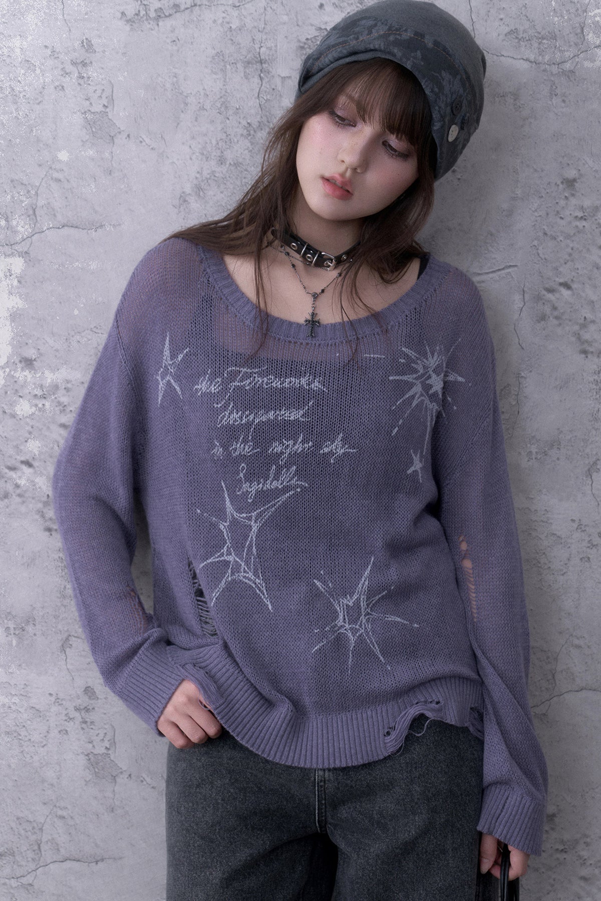 Purple Ripped Knit Print Sweater