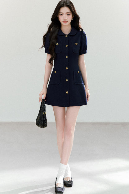 Navy Blue Puff Sleeve Collar Dress