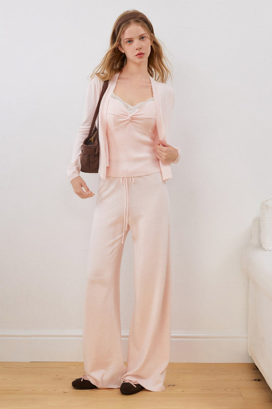 Cotton Knotted Wave Edge Knit Cardigan Set-Up