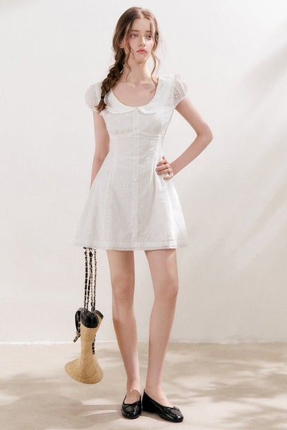 Five-Petal Flower Embroidered Cotton Doll Collar Dress