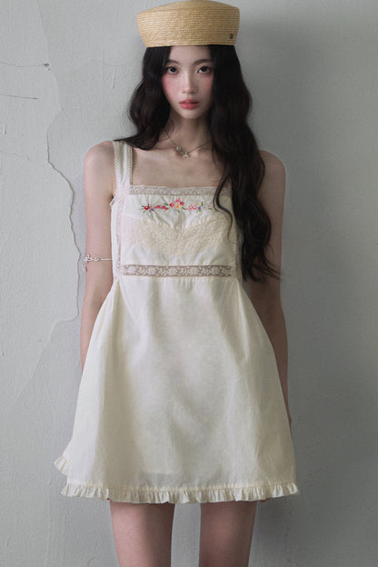 Floral Embroidered Square Neck Sleeveless Mini Dress
