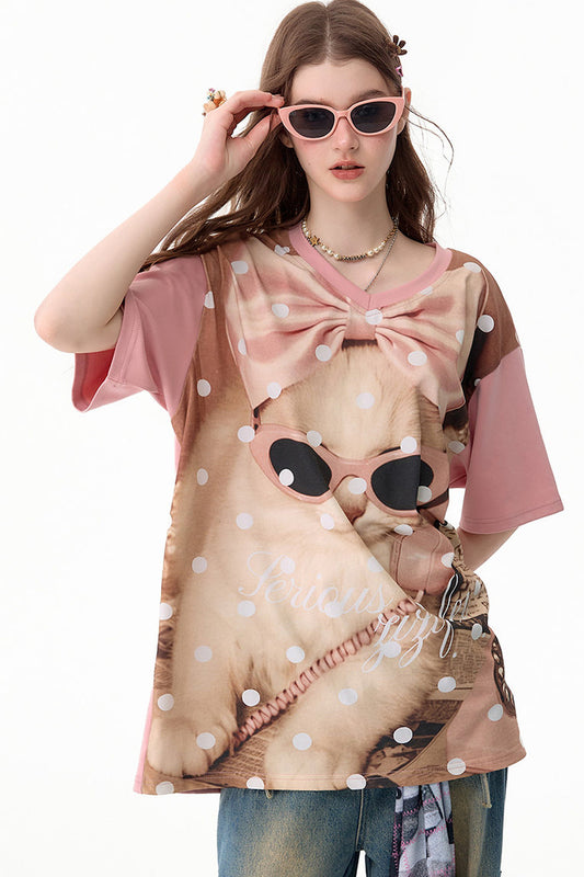 Tee-shirt rose à pois avec motif chat