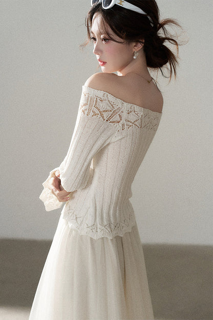 Off-Shoulder Lace Hollow-Out Knit Pullover