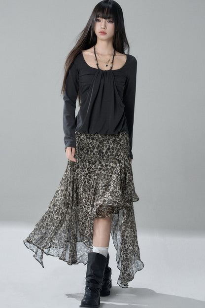 Asymmetrical Leopard Print Chiffon Skirt