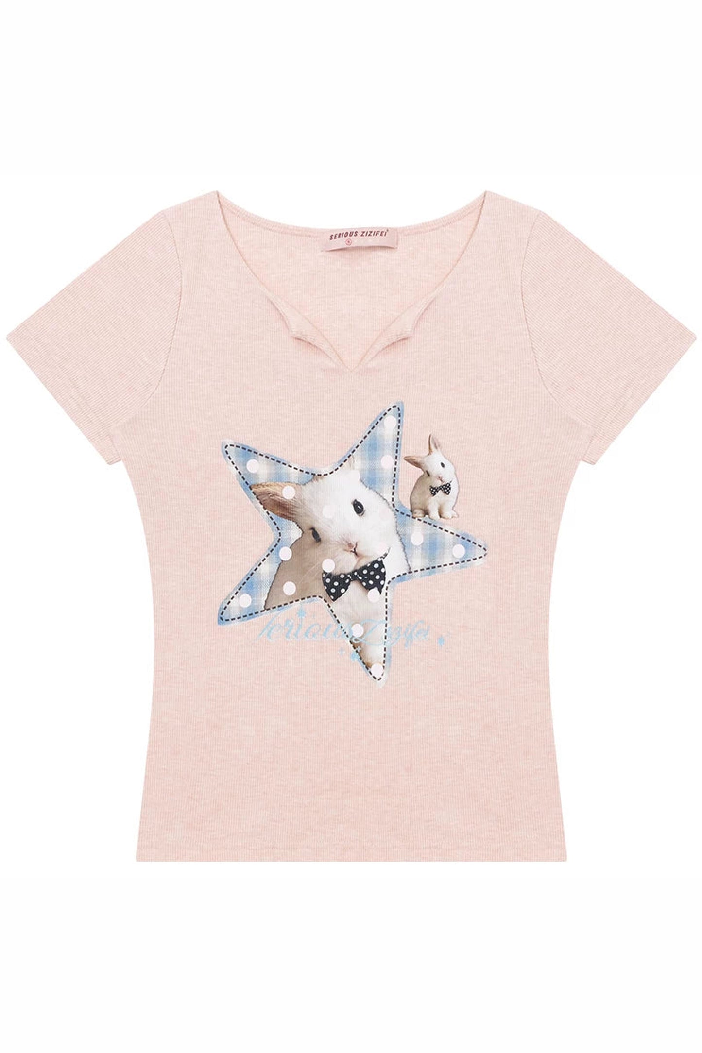 Star Rabbit Pink V-Neck T-Shirt