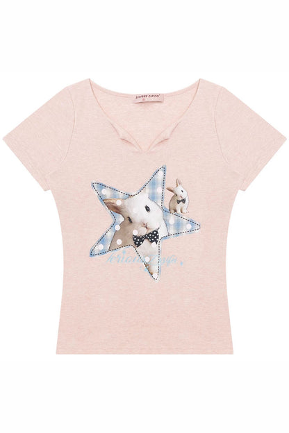 Star Rabbit Pink V-Neck T-Shirt