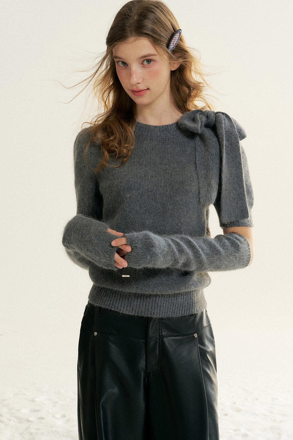 Bowknot Puff Sleeve Knitted Sweater