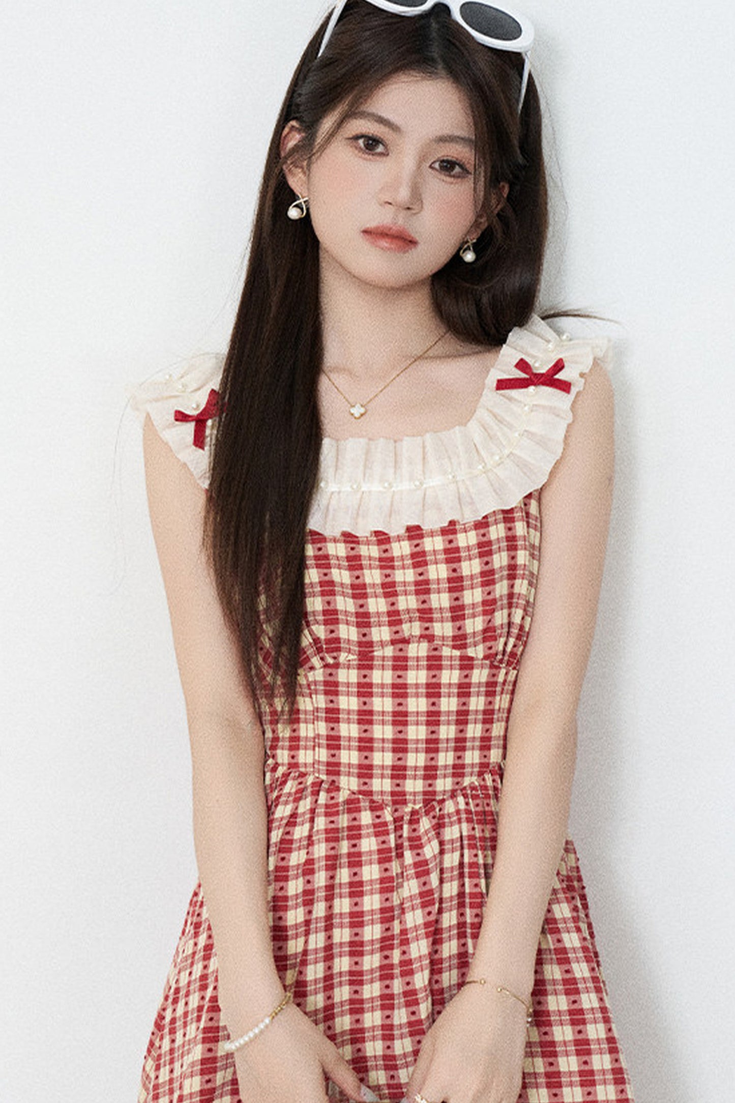 Red Plaid Sleeveless Ruffle Dress