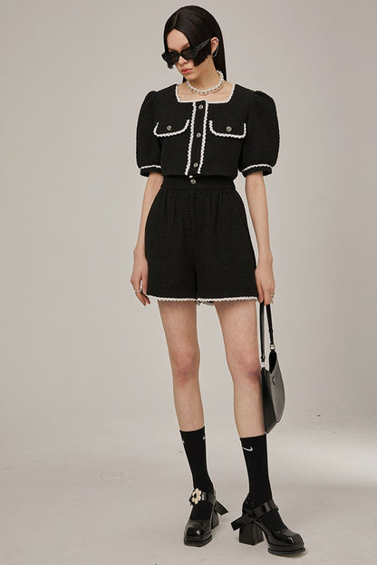 High-Waisted Lace Trim Tweed Shorts