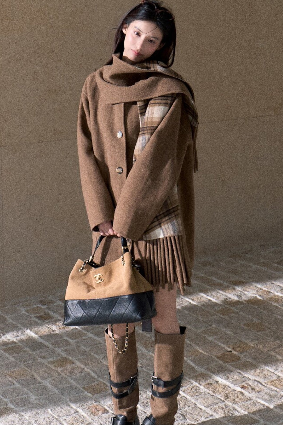 Drop-Shoulder Tassel Scarf Collar Jacket