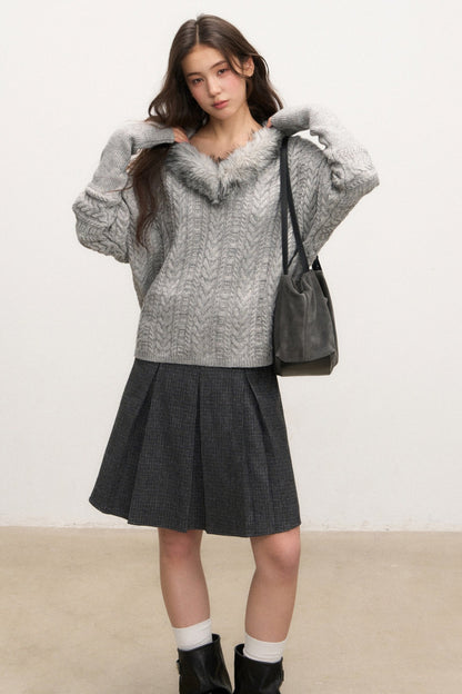 Fur Collar Knit Top and Skirt Set-Up