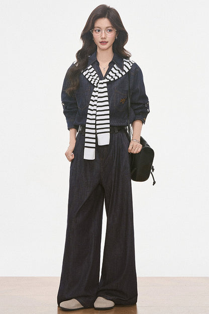 Set aus Jeansoptik-Hemd, weiter Hose und Jacke