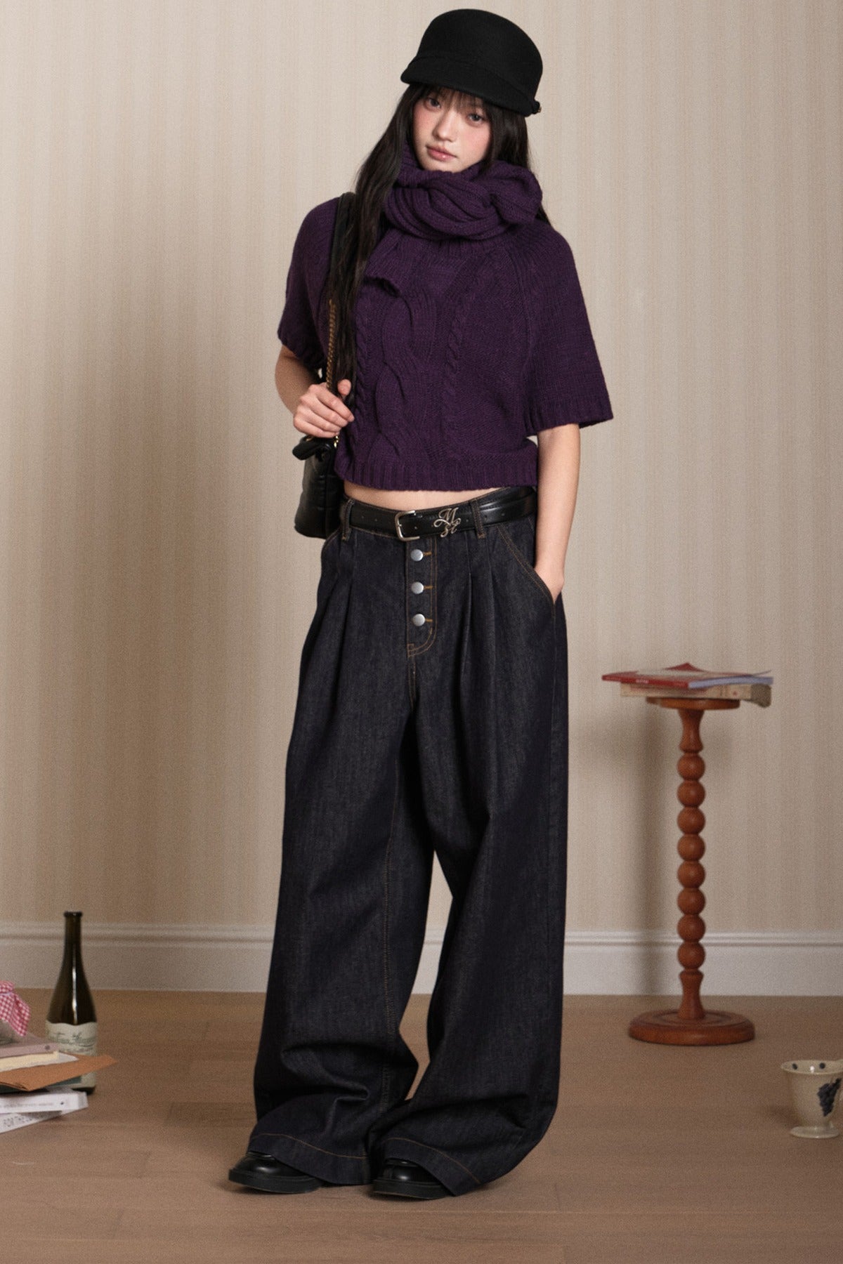 Short Sleeve Scarf Layered Knit Sweater