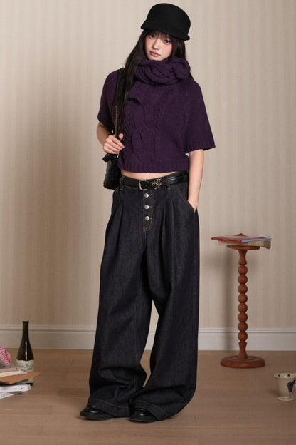 Short Sleeve Scarf Layered Knit Sweater