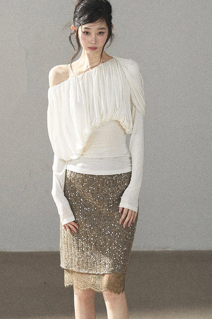 Off-Shoulder Long-Sleeve Cinched T-Shirt