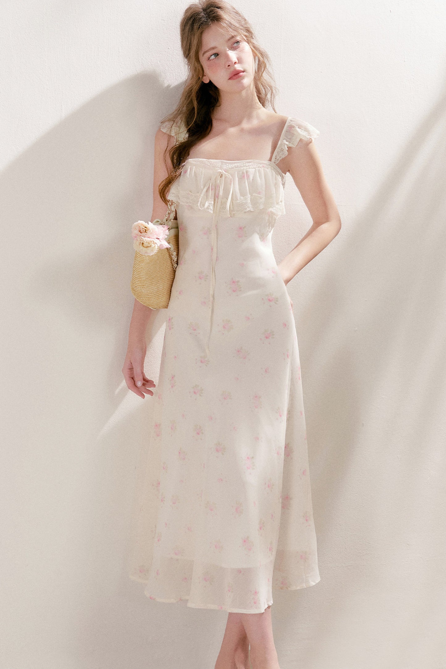 Hand-Painted Blurred Rose Print Lace Patchwork Long Dress