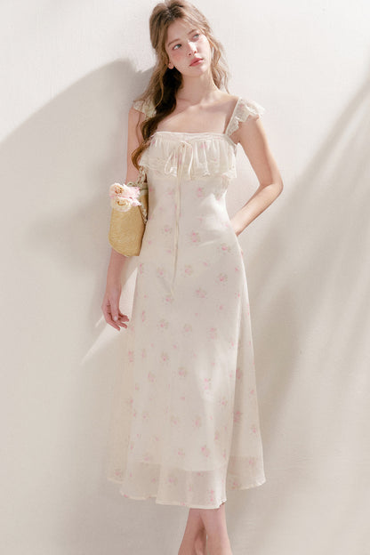 Hand-Painted Blurred Rose Print Lace Patchwork Long Dress