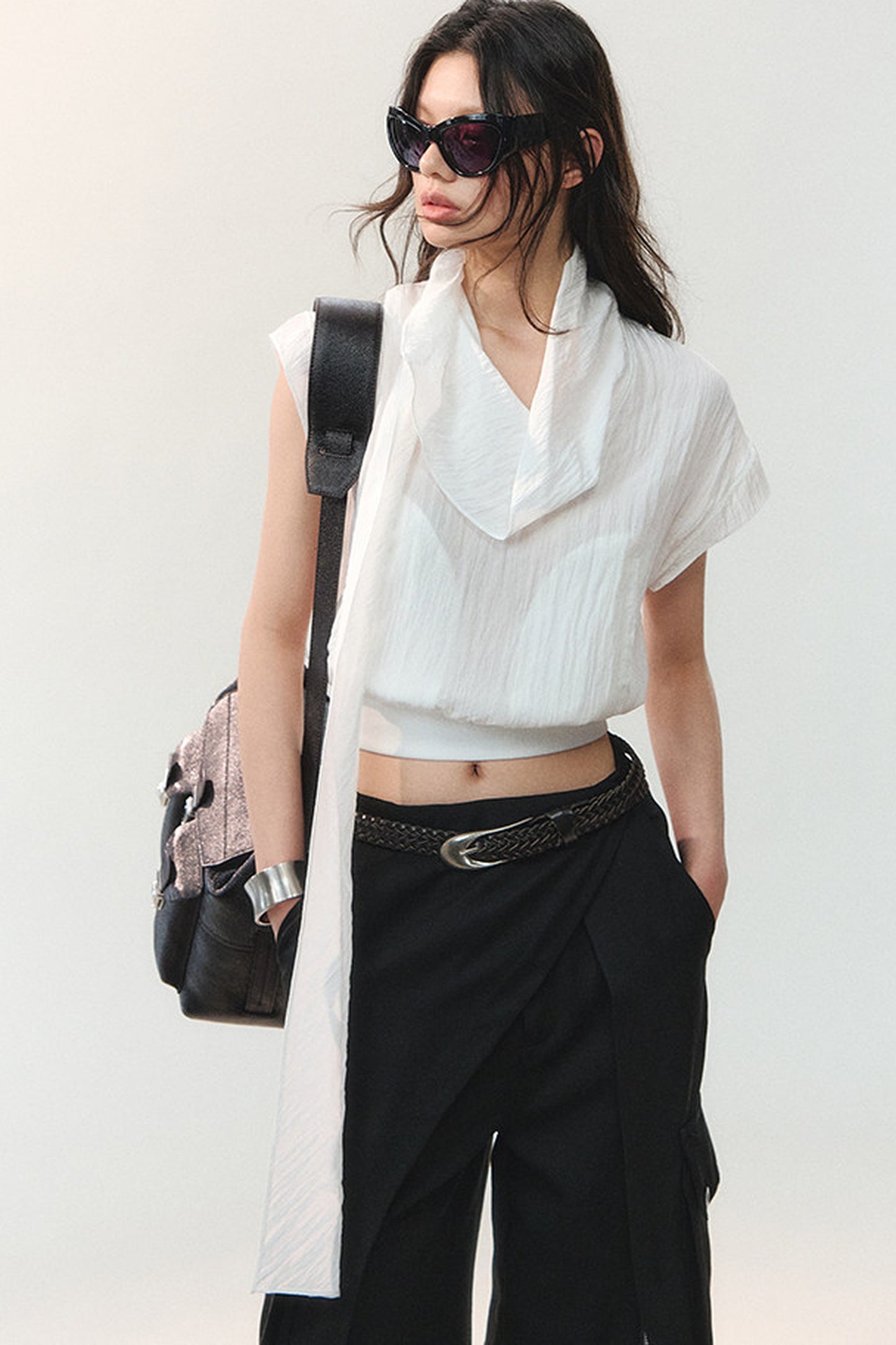 Drape Collar Short Sleeve Shirt With Tie