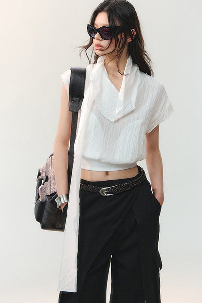 Drape Collar Short Sleeve Shirt With Tie