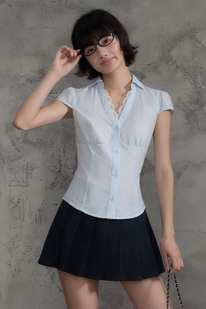 Lace Patchwork Striped Blouse