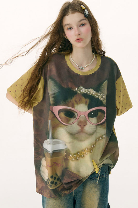 Locker sitzendes Kurzarm-T-Shirt mit Katzenprint