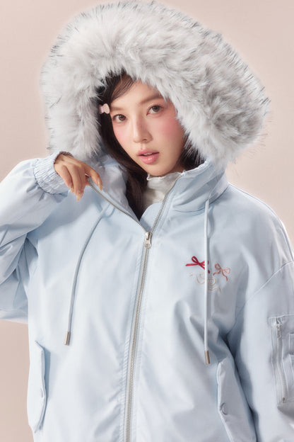 Embroidered Bow Fur Hood Down Jacket
