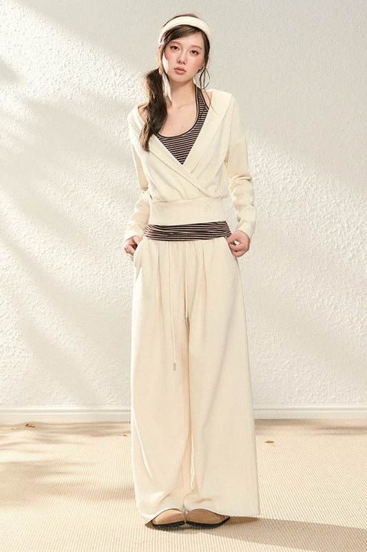 V-Neck Sweatshirt and Wide-Leg Pants Set-Up