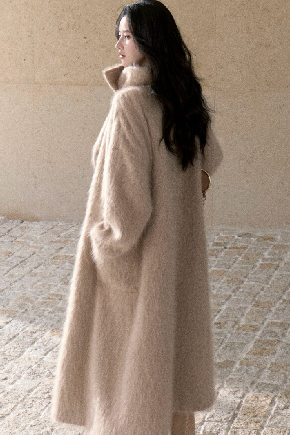 Brushed Cashmere Silk Funnel Collar Coat