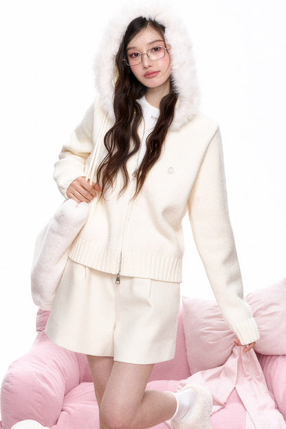Large Fur Collar Hooded Knit Cardigan and Shorts Set-Up