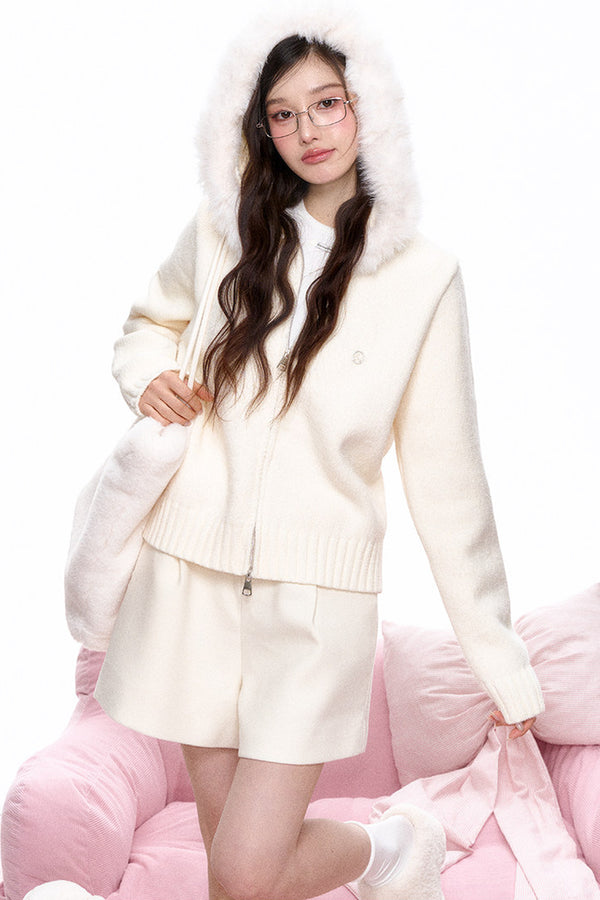 Large Fur Collar Hooded Knit Cardigan and Shorts Set-Up