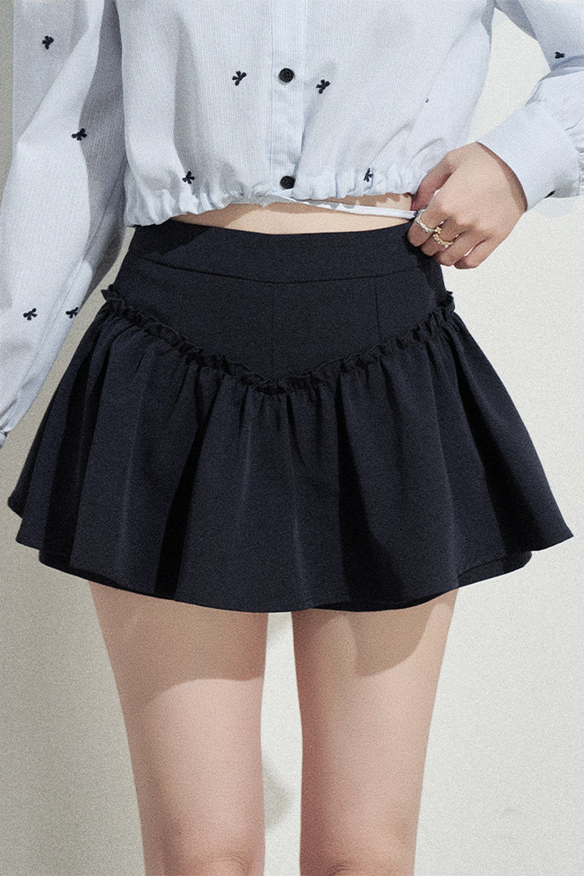 Doll Collar Drawstring Long-Sleeve Shirt and Skirt Set-Up