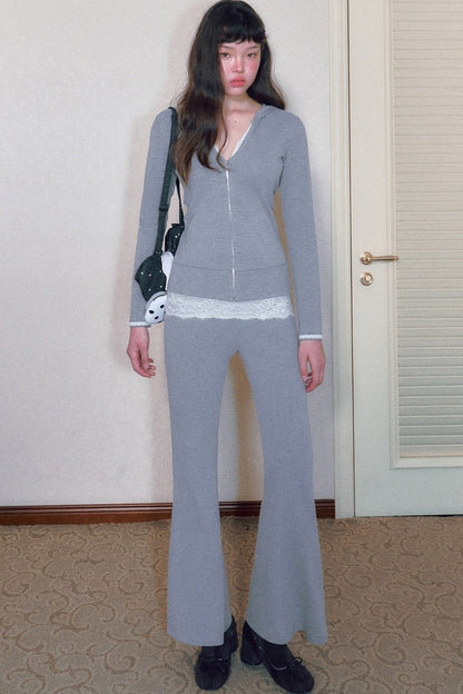 Long-Sleeved V-Neck Hooded Zipper Jacket