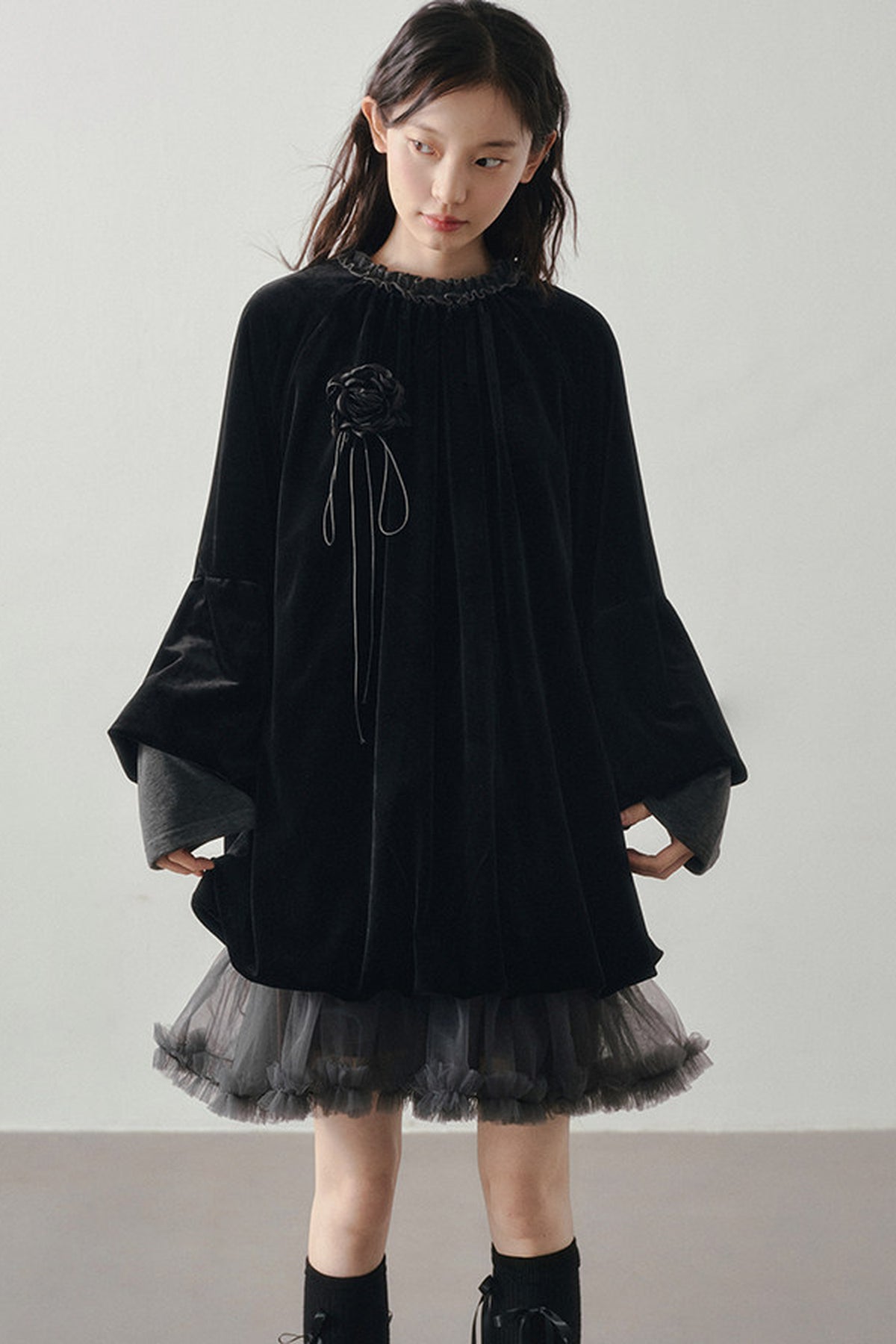 Gray Mesh Patchwork Long Sleeve Dress