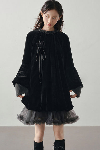 Gray Mesh Patchwork Long Sleeve Dress