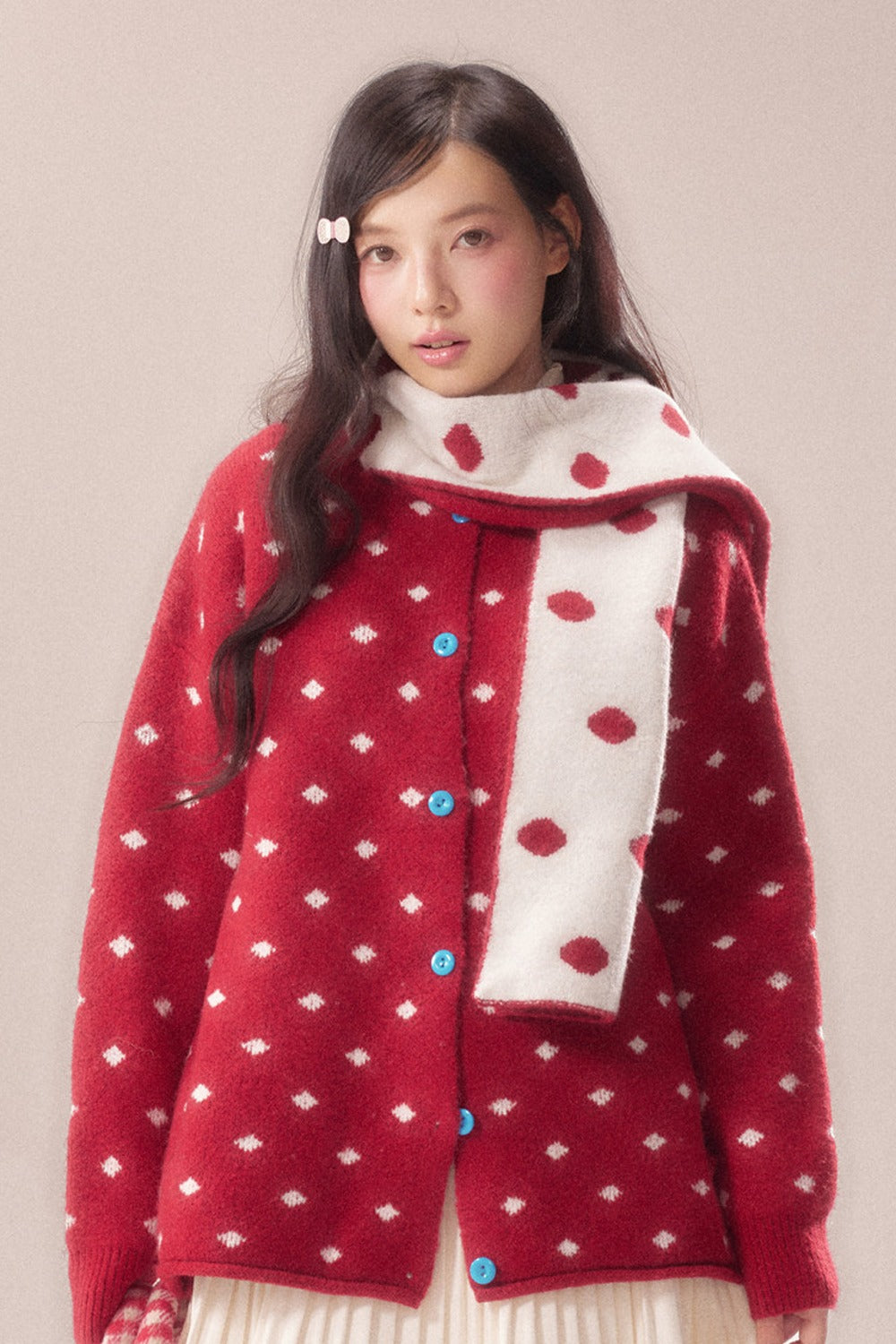Polka Dot Scarf Knit Cardigan
