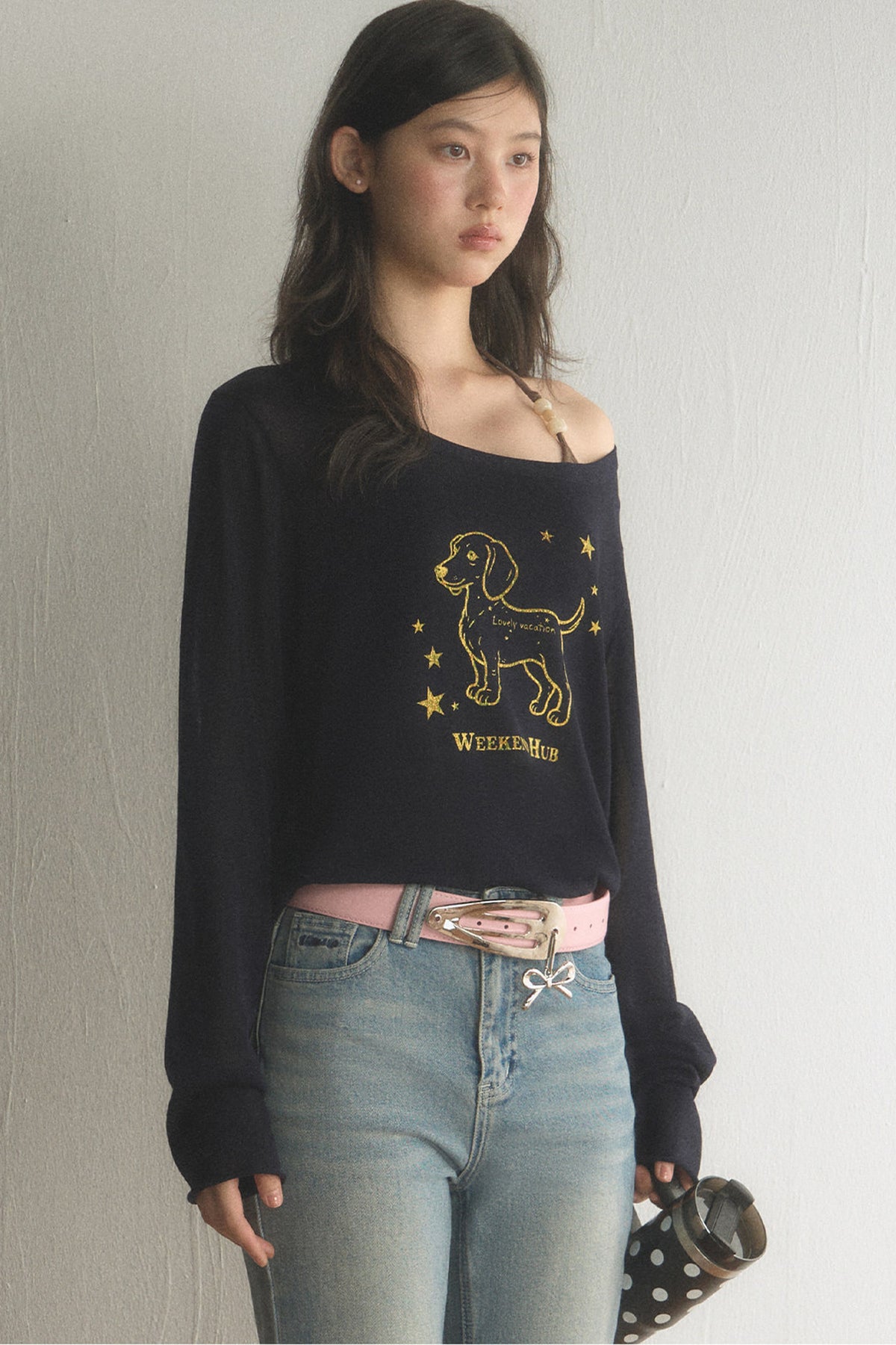 Off-Shoulder Dachshund Top and Flared Jeans Set-Up