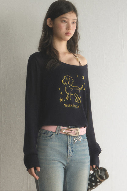 Off-Shoulder Dachshund Top and Flared Jeans Set-Up