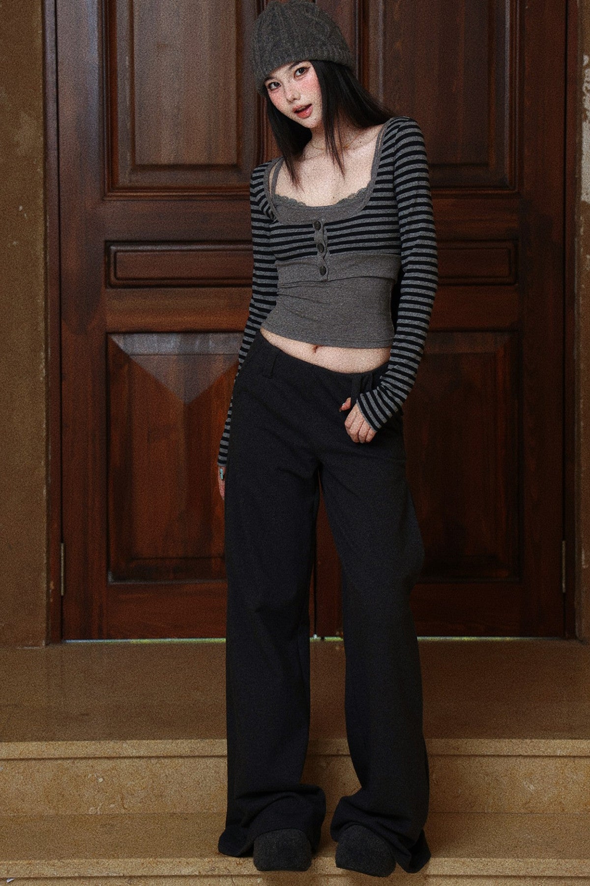 Layered-Look Striped Knit Cardigan set-Up