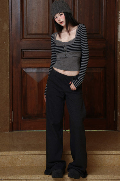 Layered-Look Striped Knit Cardigan set-Up