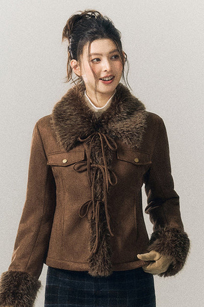 Suede Fur Collar Lace-Up Jacket
