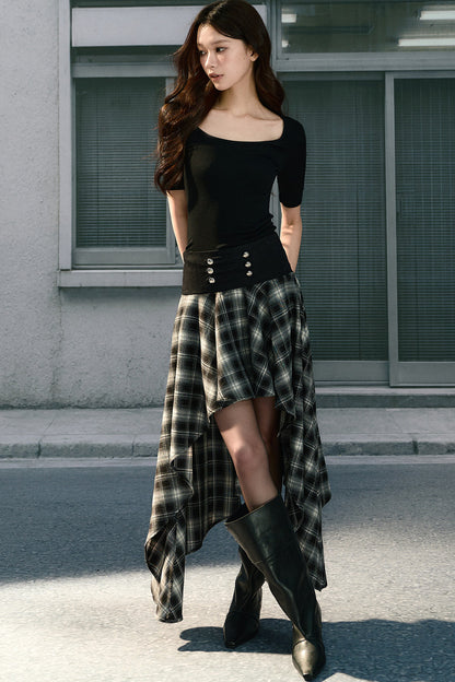 Irregular Hem Long Plaid Skirt