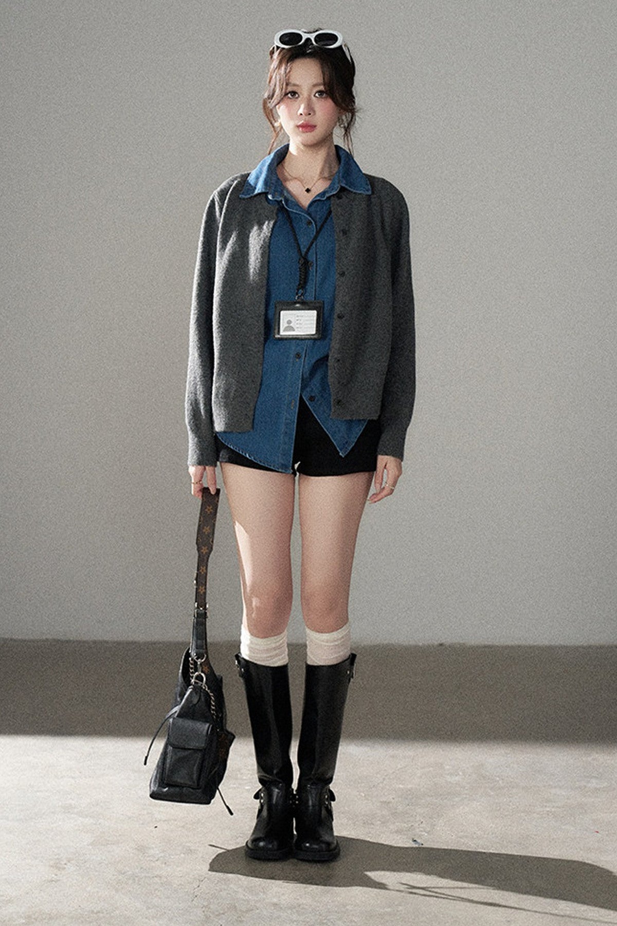 Layered-Look Denim Collar Sweater
